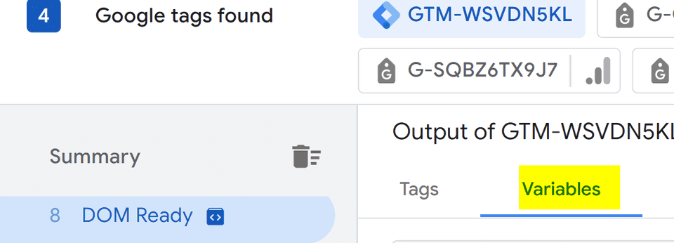 Eventos modo Preview do GTM guia Variables