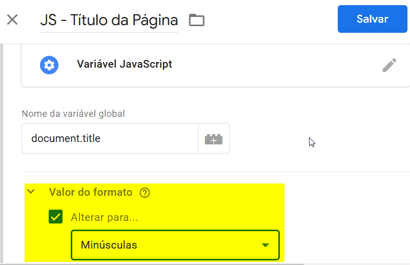 Transformar texto em minúscula GTM